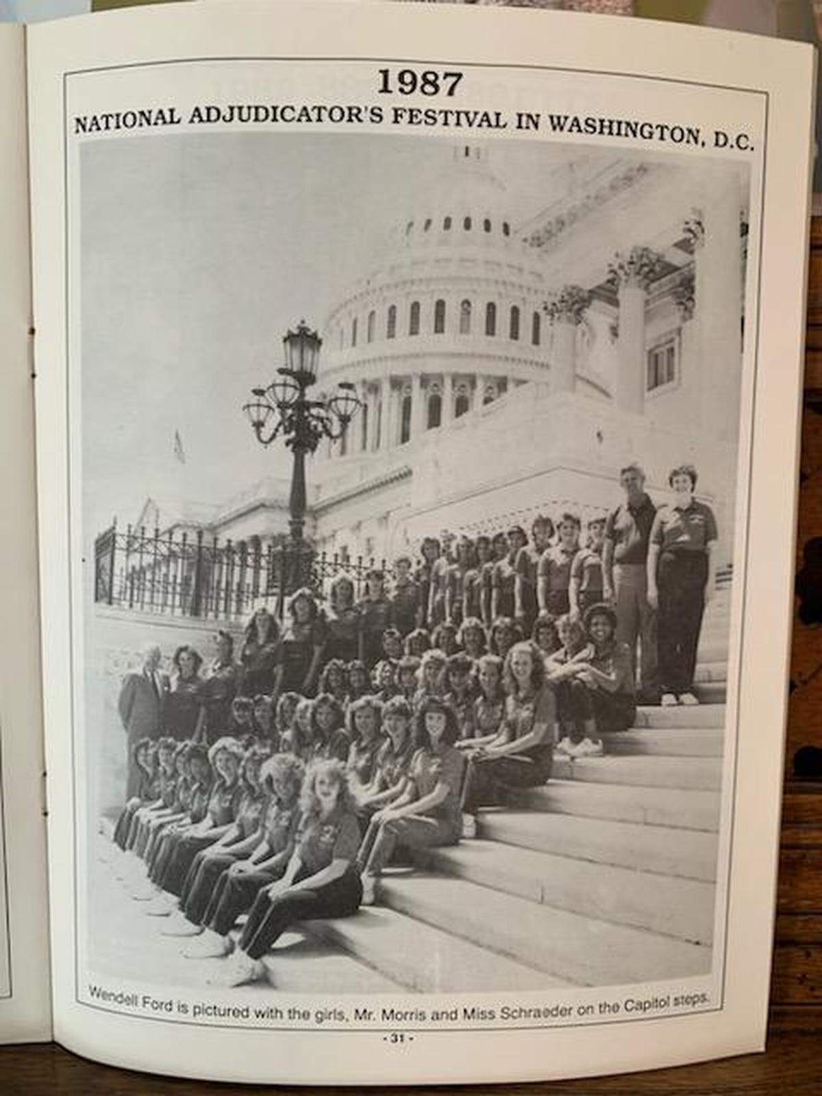 A photo copied from a reunion book shows the Harlan Musettes during a trip to Washington, D.C. in 1987.