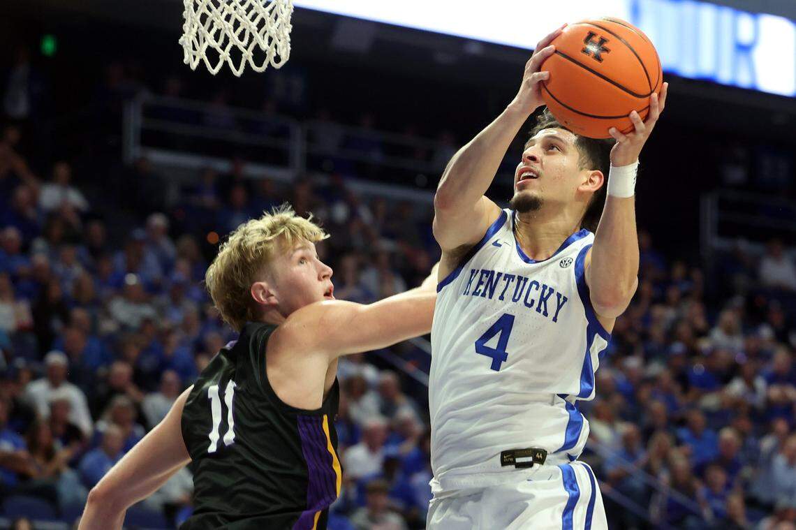 Kentucky’s Koby Brea (4) shoots while pressured by Minnesota State’s Caden Kirkman (11) at Rupp Arena on Tuesday.