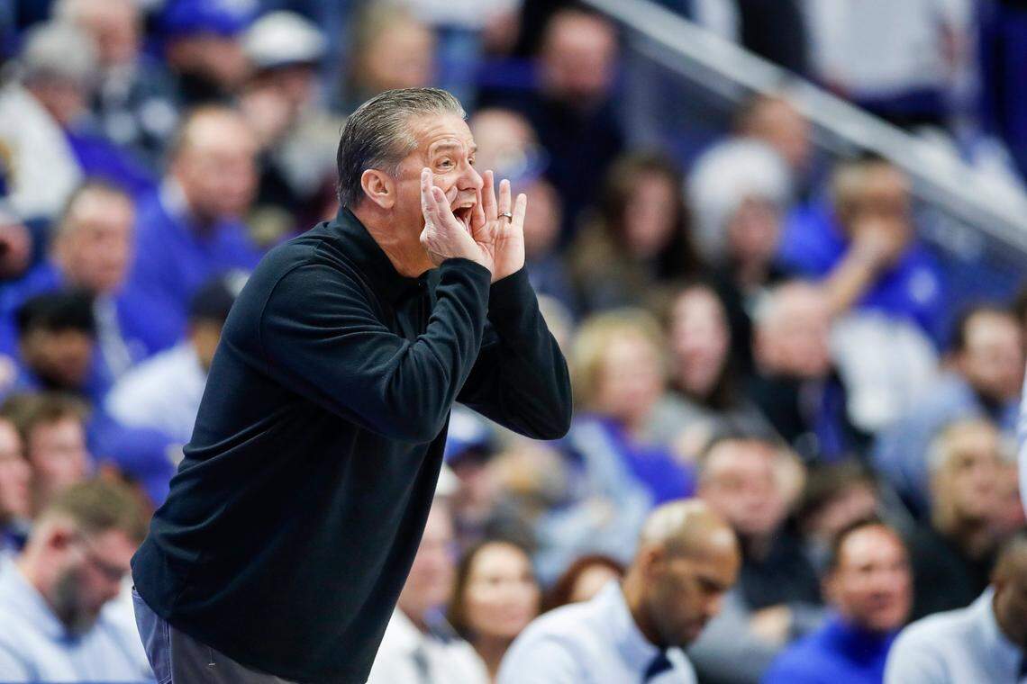 Kentucky head coach John Calipari calls to his players during Saturday’s game against Kansas at Rupp Arena.