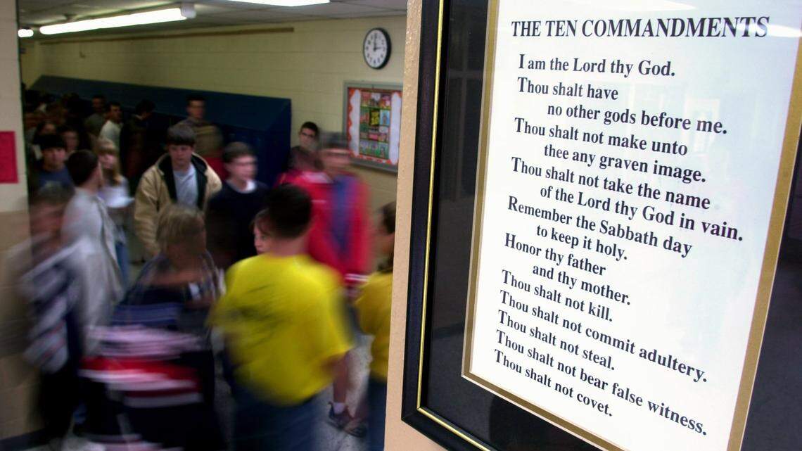 Jackson County High School posts the Ten Commandments in the front hall of the school, shown here, and in every classroom, in Jackson County, Kentucky, on March 29, 2000. On Wednesday, Aug. 20, a federal judge in Texas temporarily blocked a law requiring the posting of the Ten Commandments in public school classrooms. The ruling affects 11 school district that sued.