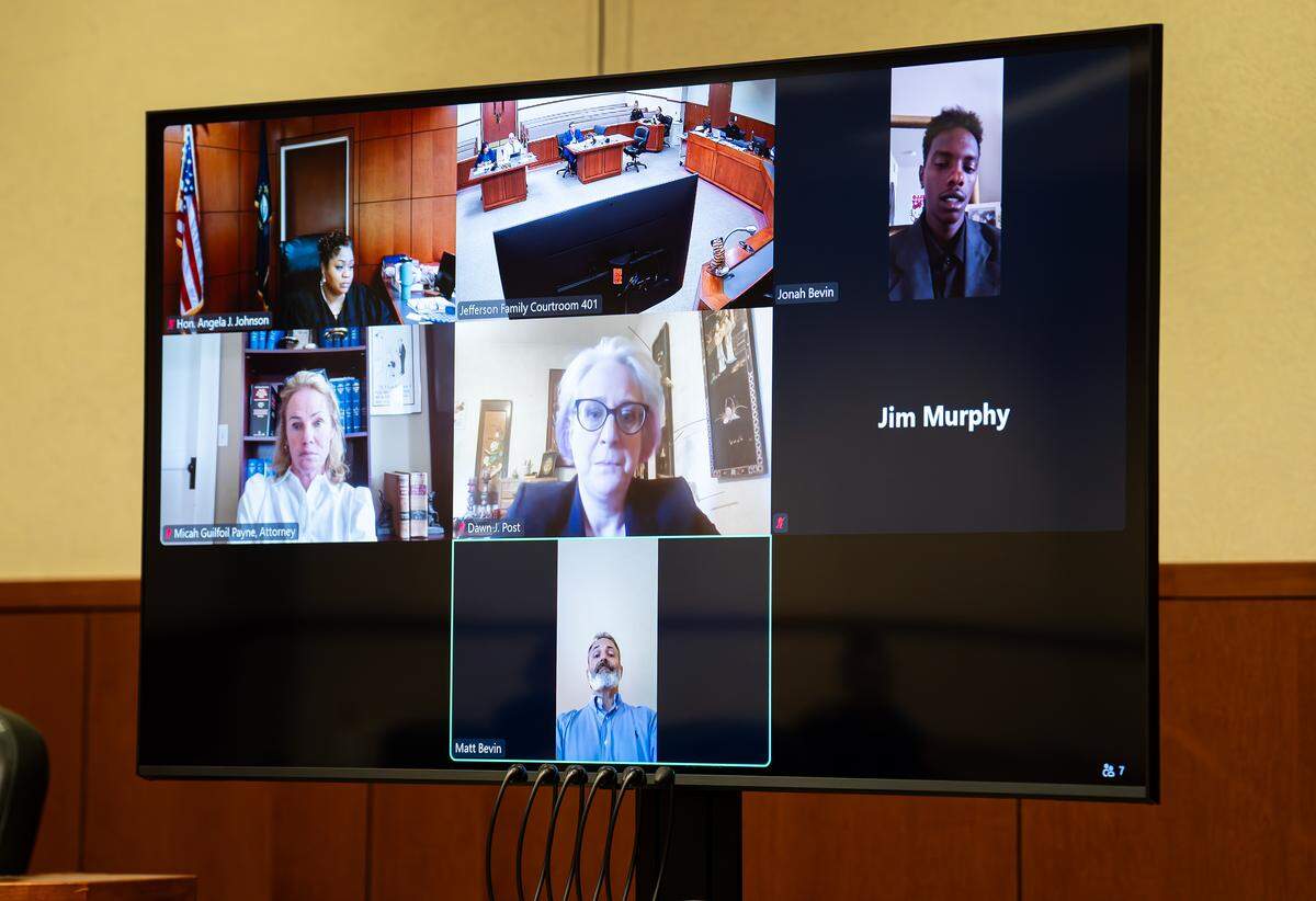 Former Kentucky Gov. Matt Bevin appears via Zoom during a contempt of court sentencing hearing in Jefferson Family Court in Louisville, Ky., on May 29, 2026. Judge Angela Johnson sentenced Bevin to 14 days in jail or a $250 fine after finding him in contempt of court for failing to turn over financial documents tied to his adopted son’s request for retroactive child support.