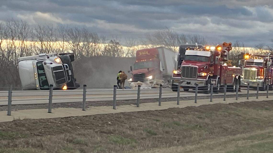Multiple tractor trailers were tipped over just north of the Interstate 75-64 split on Friday night as high winds hit the area. Northbound lanes were closed as police worked to clean up the road.