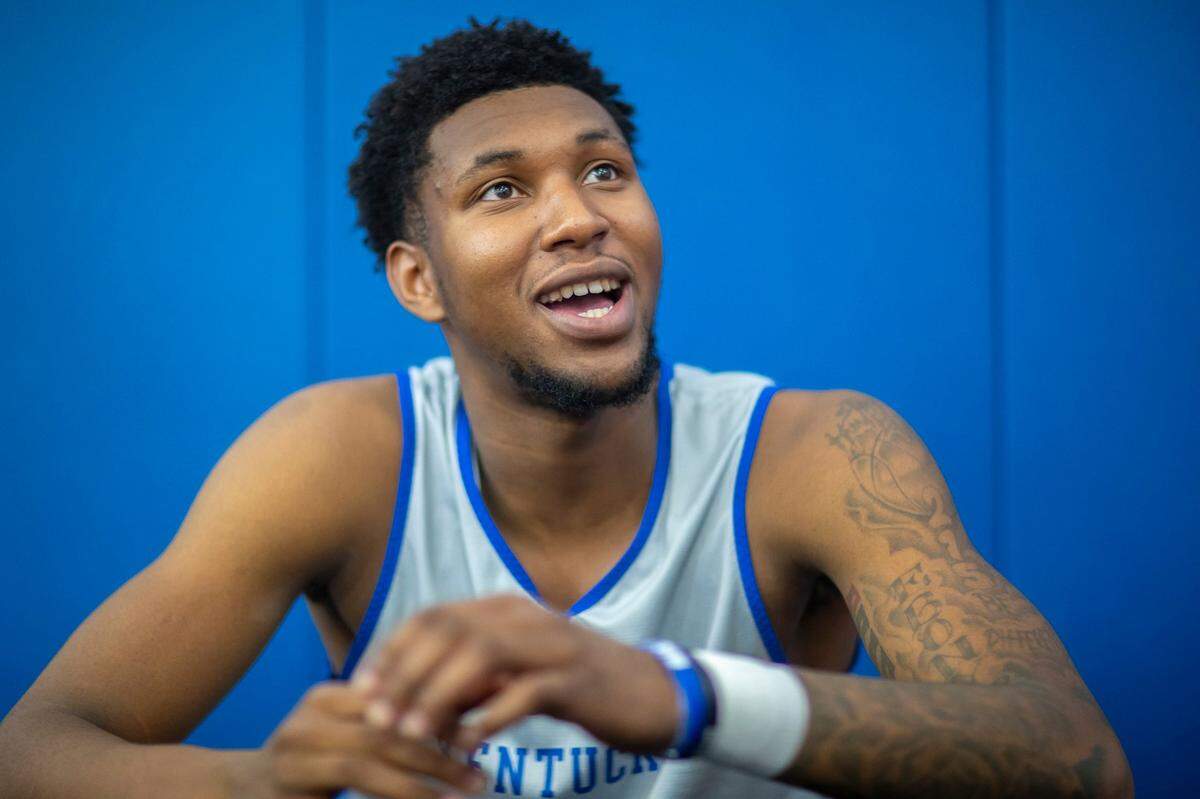 Kentucky freshman Justin Edwards speaks to reporters at UK basketball media day last month.