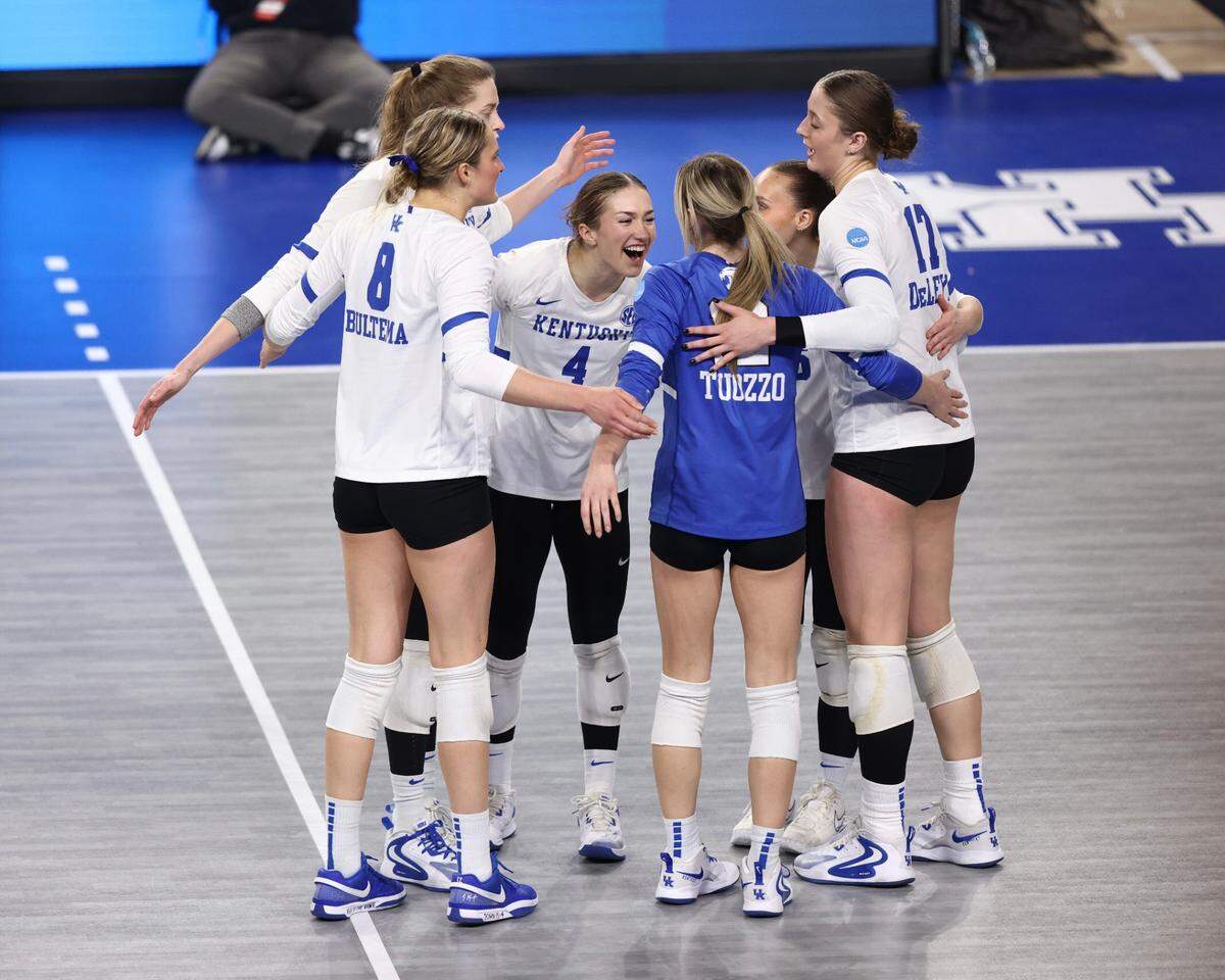 Kentucky volleyball celebrates a point on the way to a 3-0 victory over Cleveland State in the first round of the NCAA Tournament on Thursday in Memorial Coliseum. UK next plays Minnesota on Friday at 7 p.m.