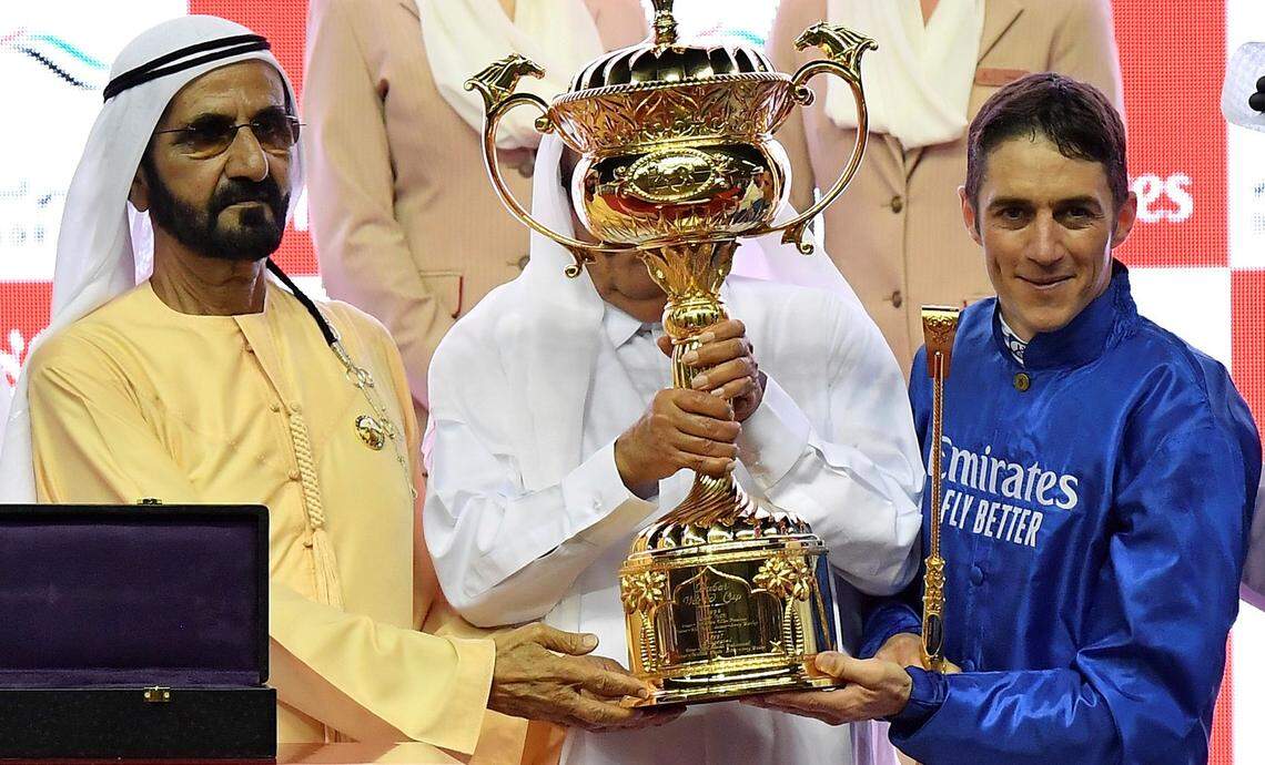 Sheik Mohammed bin Rashid al Maktoum, left, posed with jockey Christophe Soumillon in 2019 after Thunder Snow became the first horse to win the Dubai World Cup twice. When Thunder Snow ran in the Kentucky Derby in 2017, he was memorably pulled up at the start of the race — one of numerous times the sheik’s Godolphin Stables has run into tough luck on Derby Day.