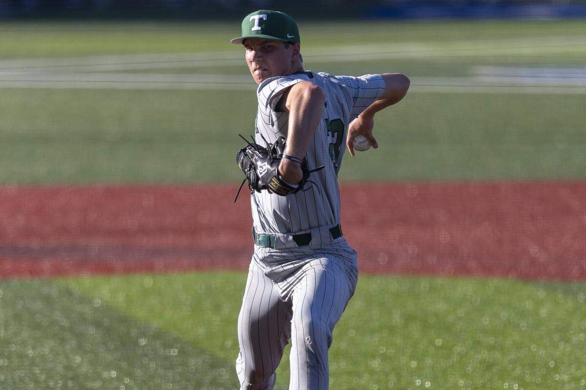 Trinity's Grayson Willoughby pitches during a game at Lexington Catholic High School in Lexington, Ky., on Tuesday, May 12, 2026.