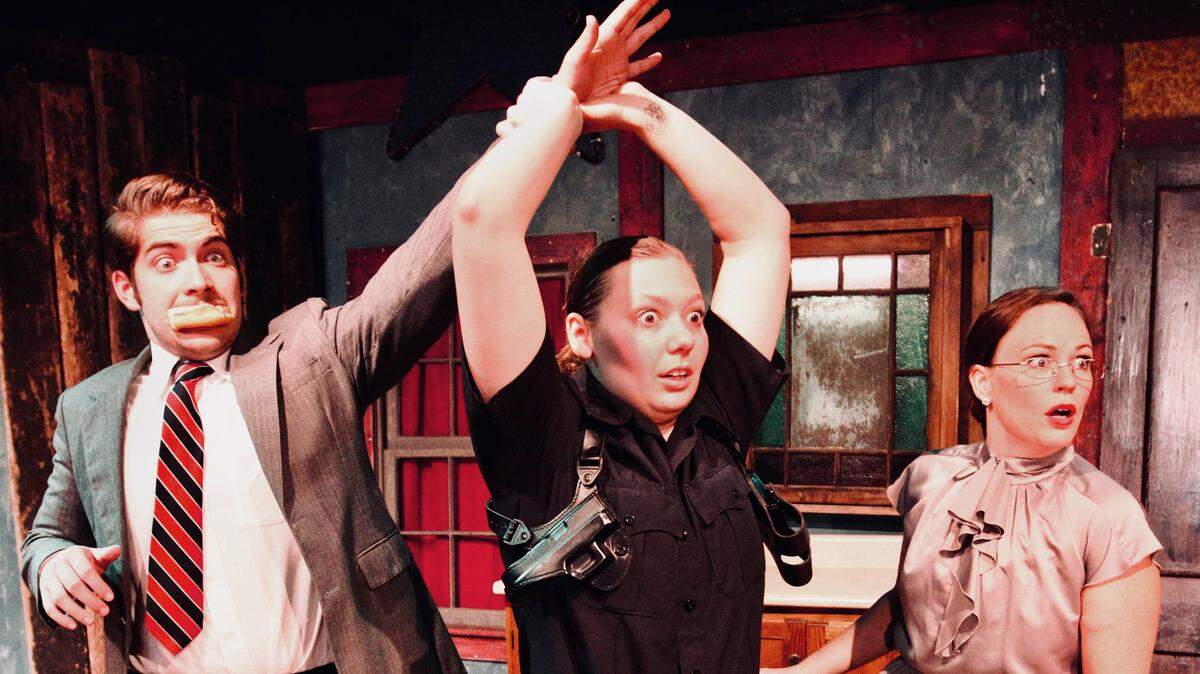 Giancarlo Herrera, left, Andi Johnson, and Erika Sengstack in ‘Unnecessary Farce’ at Pioneer Playhouse in Danville.