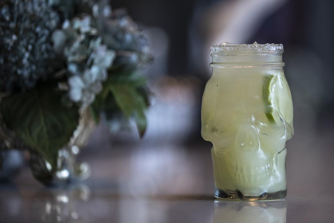 Margaritas at the restaurant are served in glasses in the shape of a skull.