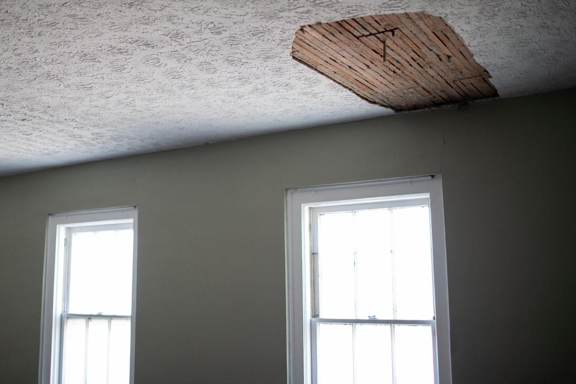 Small sections of the plaster ceiling of Woodland Christian Church had fallen due to age in Lexington, Ky., Friday, December 16, 2022. The church has a new partnership with Winterwood Incorporated to create affordable elder apartments and renovate the 100-year-old building.