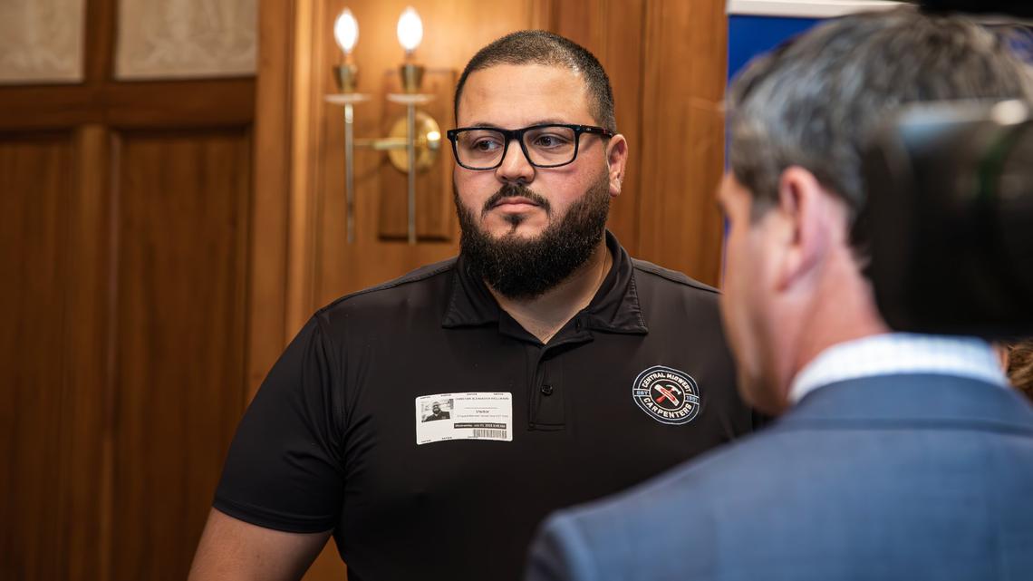 Christian Wellman, a bilingual business representative of the Central Midwest Carpenters and member of Alpha Phi Alpha Fraternity Inc., receives an official endorsement as Councilwoman Denise Gray’s choice for replacement during a press conference at the Lexington-Fayette Urban County Government Center building announcing her resignation on July 23, 2025, in Lexington, Ky.