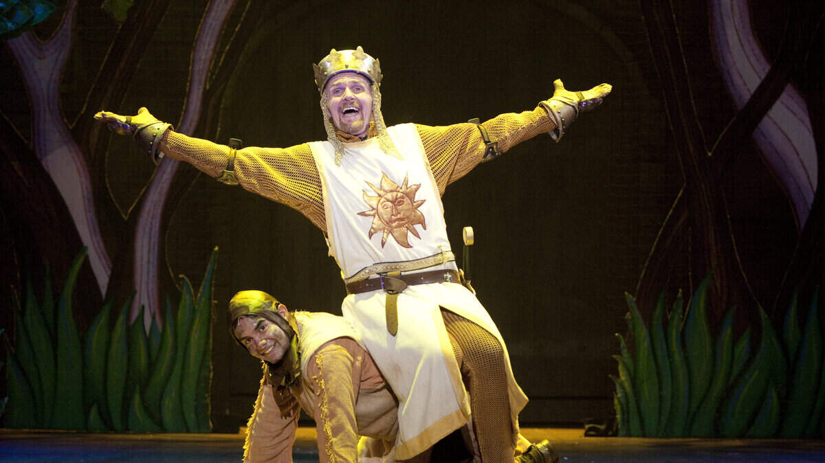 Steve McCoy, top, and Glenn Giron are among the cast in the national tour of Monty Python's Spamalot. The spoof-packed musical has five performances this weekend in Lexington.  
