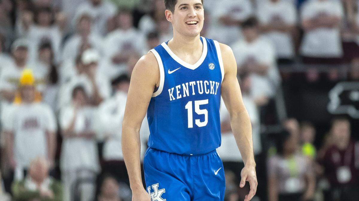 Kentucky Wildcats guard Reed Sheppard (15) smiles during a game against against the Mississippi State Bulldogs during a game at Humphrey Coliseum in Starkville, Miss., on Tuesday, Feb. 27, 2024.