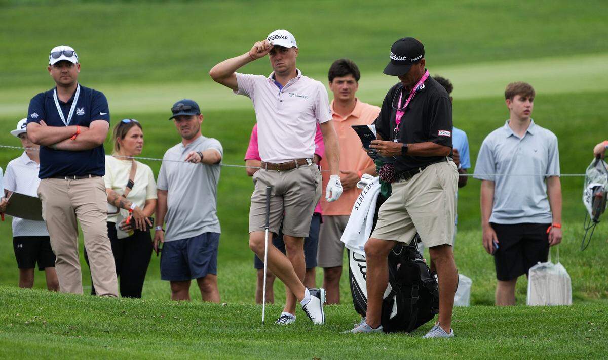 May 13, 2024; Louisville, Kentucky, USA; Justin Thomas waited to hit a shot on the 1st fairway during a practice round for the PGA Championship golf tournament at Valhalla Golf Club. Mandatory Credit: Sam Upshaw Jr.-USA TODAY Sports