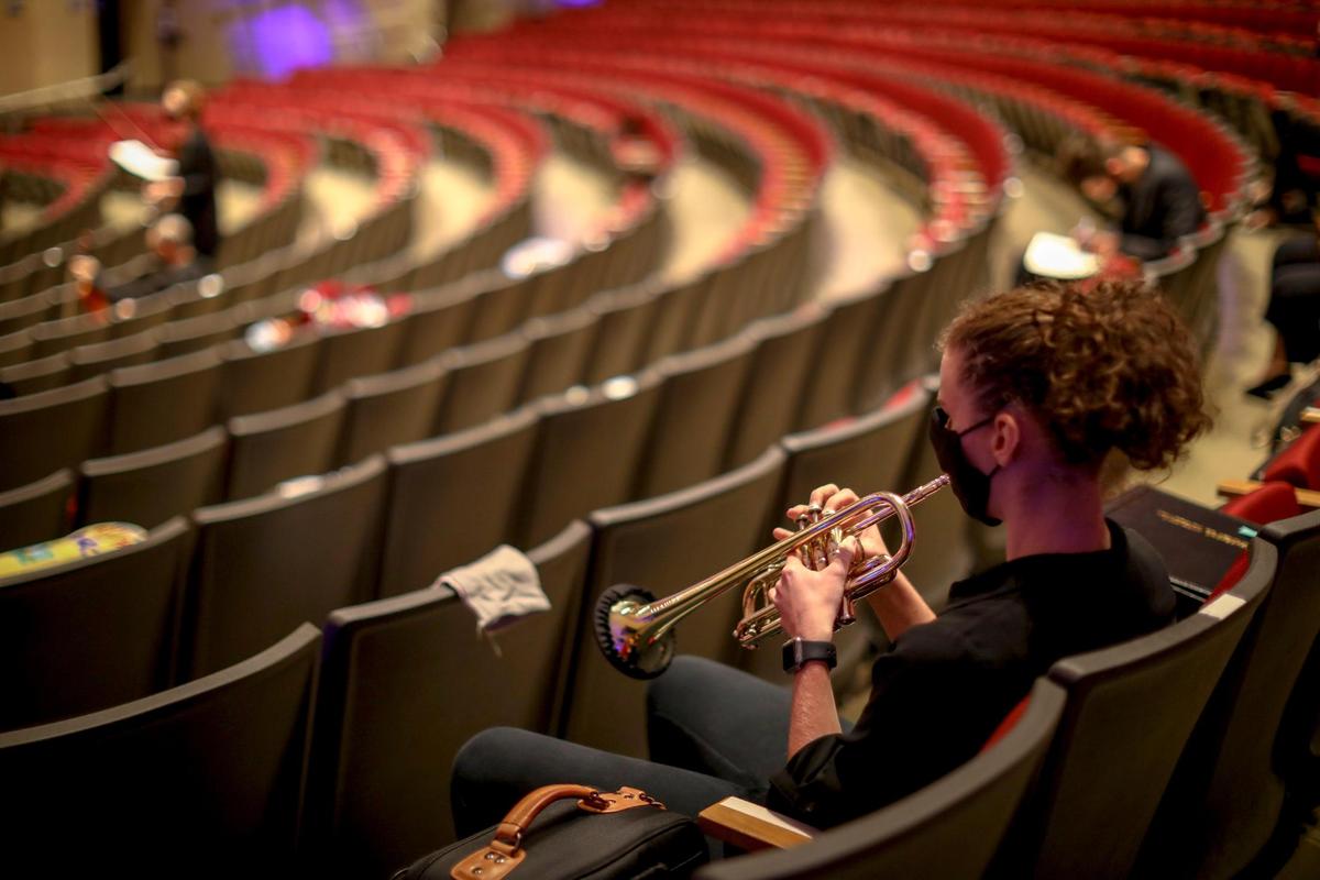 A student practices before an Oct. 1 performance at UK’s Singletary Center that will be recorded with audio and video for later distribution online. To take the place of the live performances, staff at the Singletary Center have started an interdepartmental program to record music for people to enjoy online.