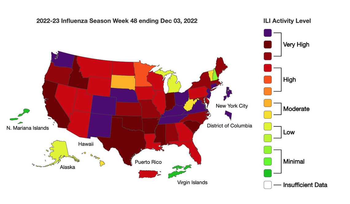 This map from the U.S. Centers for Disease Control and Prevention shows flu activity across the U.S. As of Dec. 3, Kentucky was rated at “very high,” meaning flu is widespread.