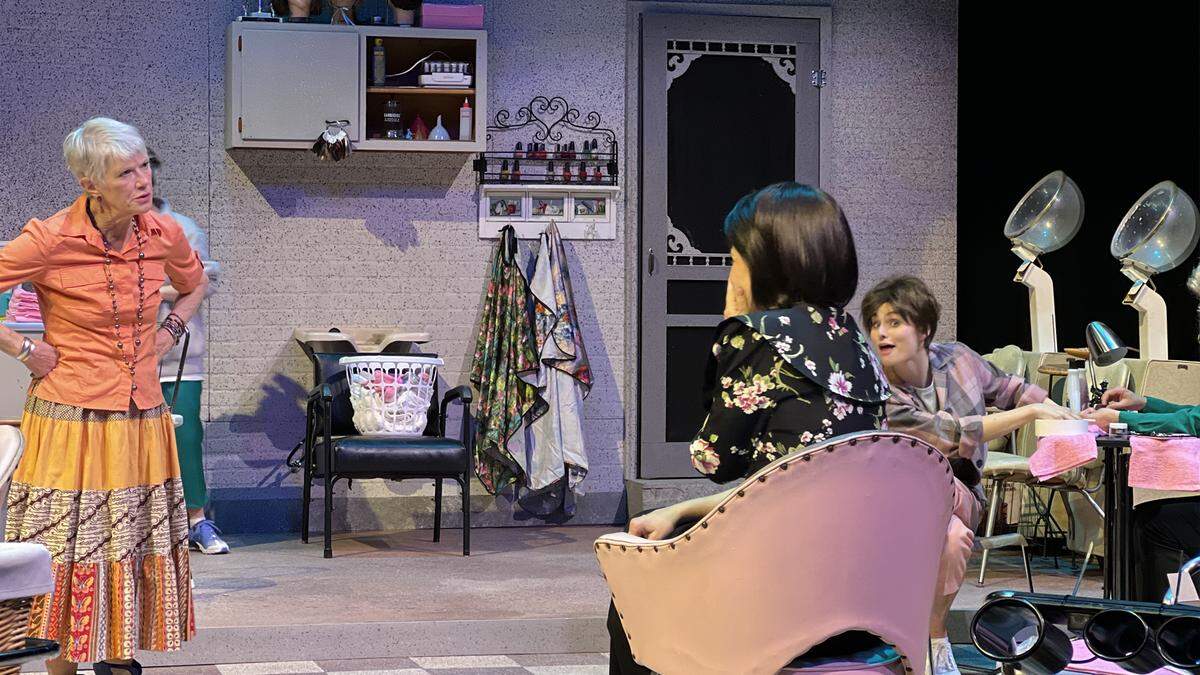 From left, Sherman Fracher (playing Ouiser Boudreaux), Sherri Phelps (Clairee Belcher) and Kelsey Waltermire (Shelby Eatenton-Latcherie), rehearse a scene from AthensWest Theatre Company’s, “Steel Magnolias.”