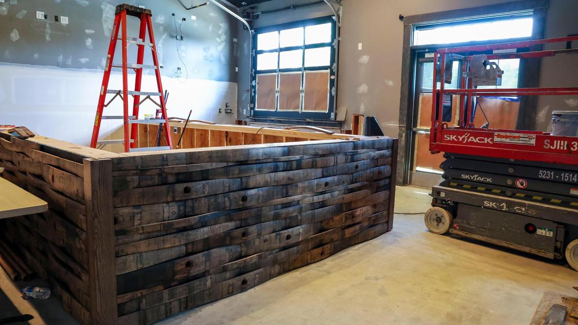 Renovations inside the bar area of the Southern Cookhouse & Bar, Thursday, July 17, 2025 in Lexington, Ky. The new bar for the restaurant is wrapped in strips of bourbon barrels and double the size of the previous bar used by The BLVD Grill, which closed in January after seven years.