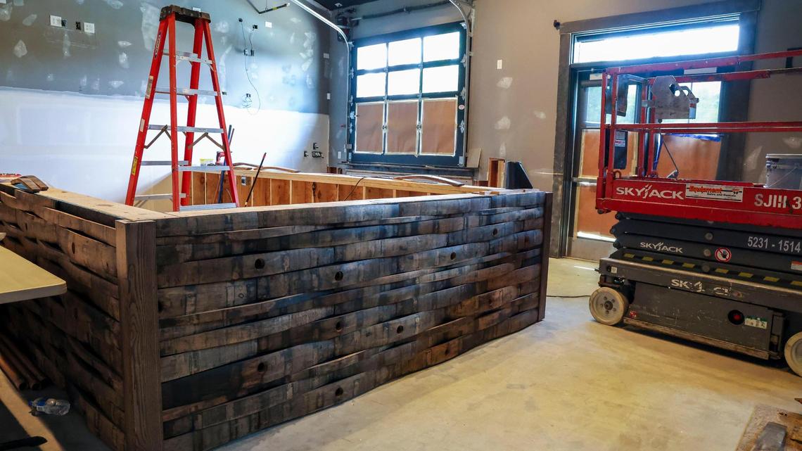 Renovations inside the bar area of the Southern Cookhouse & Bar, Thursday, July 17, 2025 in Lexington, Ky. The new bar for the restaurant is wrapped in strips of bourbon barrels and double the size of the previous bar used by The BLVD Grill, which closed in January after seven years.