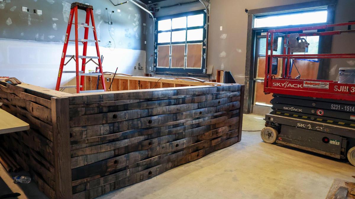 Renovations inside the bar area of the Southern Cookhouse & Bar, Thursday, July 17, 2025 in Lexington, Ky. The new bar for the restaurant is wrapped in strips of bourbon barrels and double the size of the previous bar used by The BLVD Grill, which closed in January after seven years.