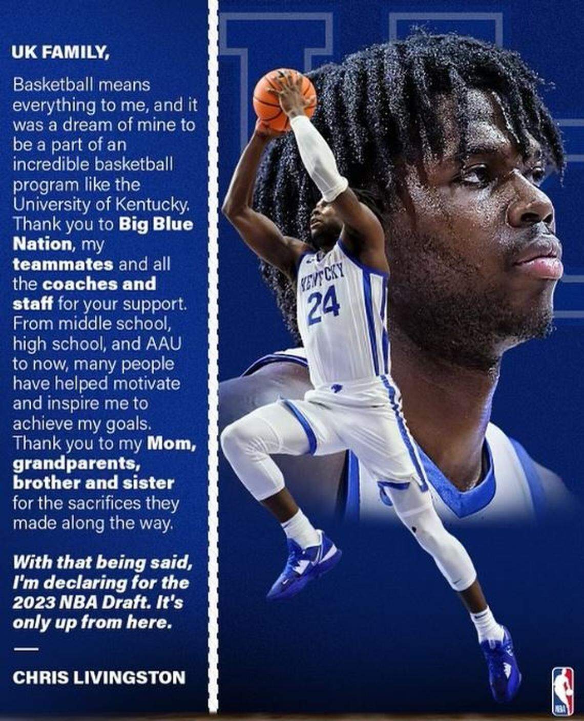 Kentucky basketball freshman Chris Livingston announced on Instagram on Wednesday that he’s entering the 2023 NBA Draft.