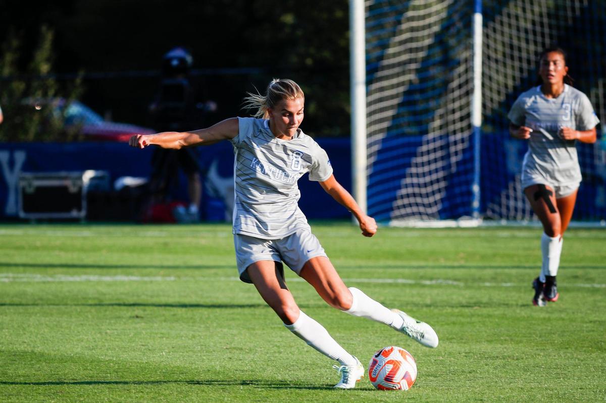 Kentucky women’s soccer forward Hannah Richardson (8) kicks the ball against Purdue during the game at the Wendell & Vickie Bell Soccer Complex in Lexington, Ky., Thursday, August 25, 2022.