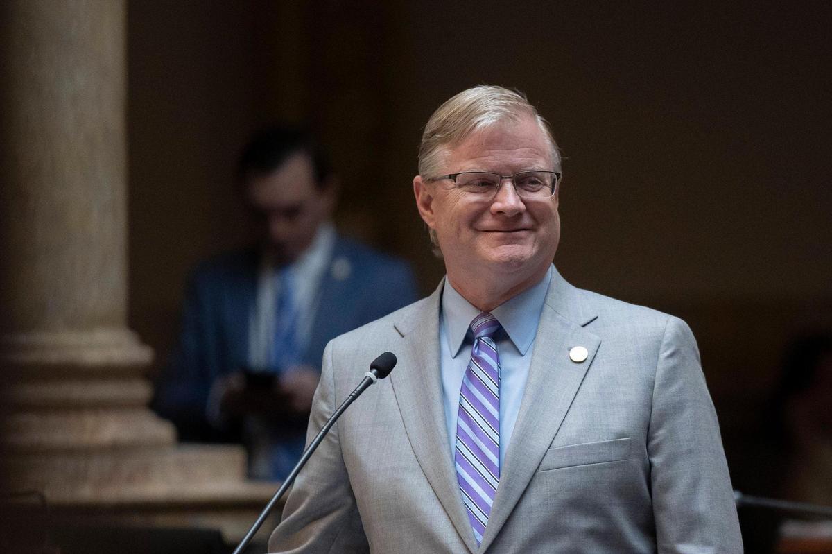 Senate Republican Leader Damon Thayer of Georgetown smiles on the Senate floor on Wednesday.