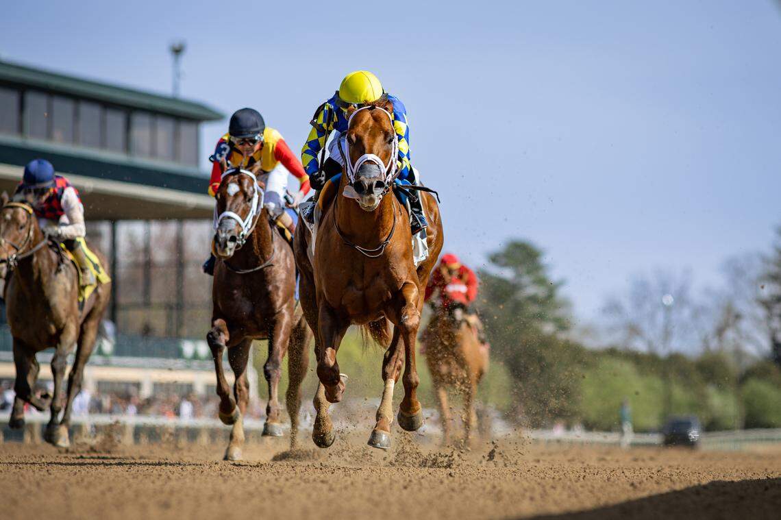 Colloquial, with Manny Franco up, wins the 77th running of the Listed, $400,000 Lafayette, on April 7, 2025, at Keeneland Race Course in Lexington, Kentucky.