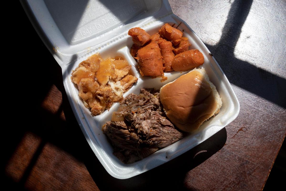 A hot-place lunch from the deli at Fitch’s IGA Grocery of roast beef, cooked carrots, a roll and apple cobbler.