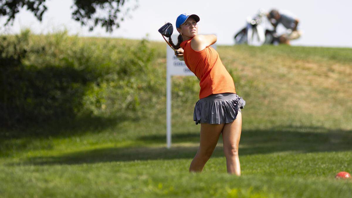 Marshall County’s Trinity Beth tees off on the 18th hole of the University Club of Kentucky’s Big Blue Course during the second round of the All State Championships on Sunday.