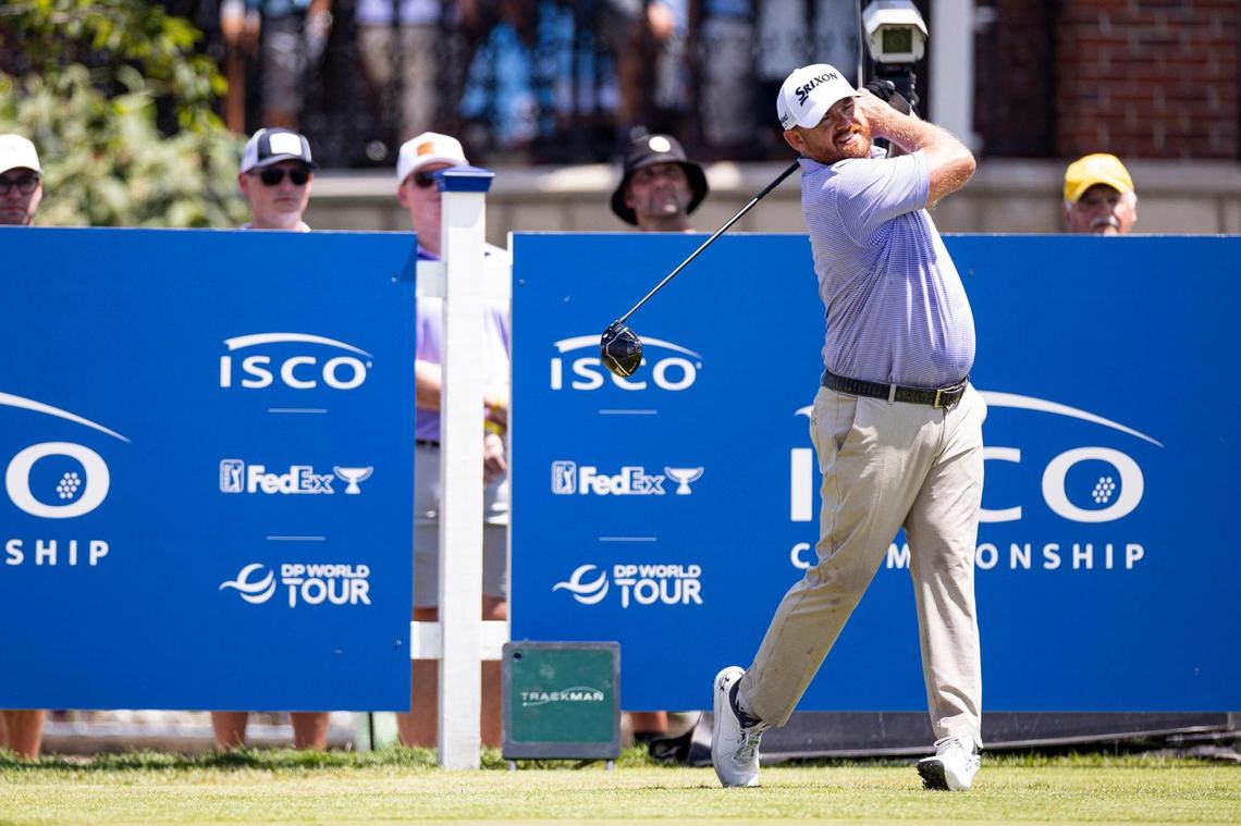 J.B. Holmes hits his tee shot on the 10th hole during the first round of the ISCO Championship on Thursday, July 10, 2025, at Hurstbourne Country Club in Louisville, Ky.