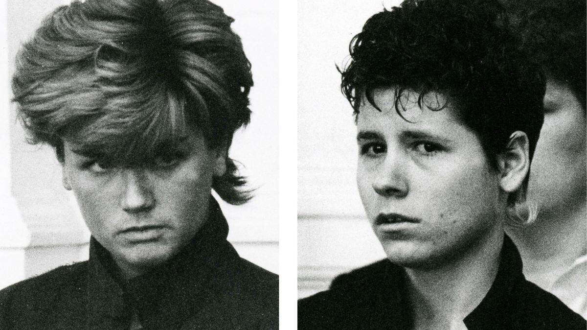 Elizabeth Zehnder Turpin, left, and Karen Lucille Brown during their Feb. 10, 1986 arraignment for the murder of Turpin’s husband, Michael Turpin.