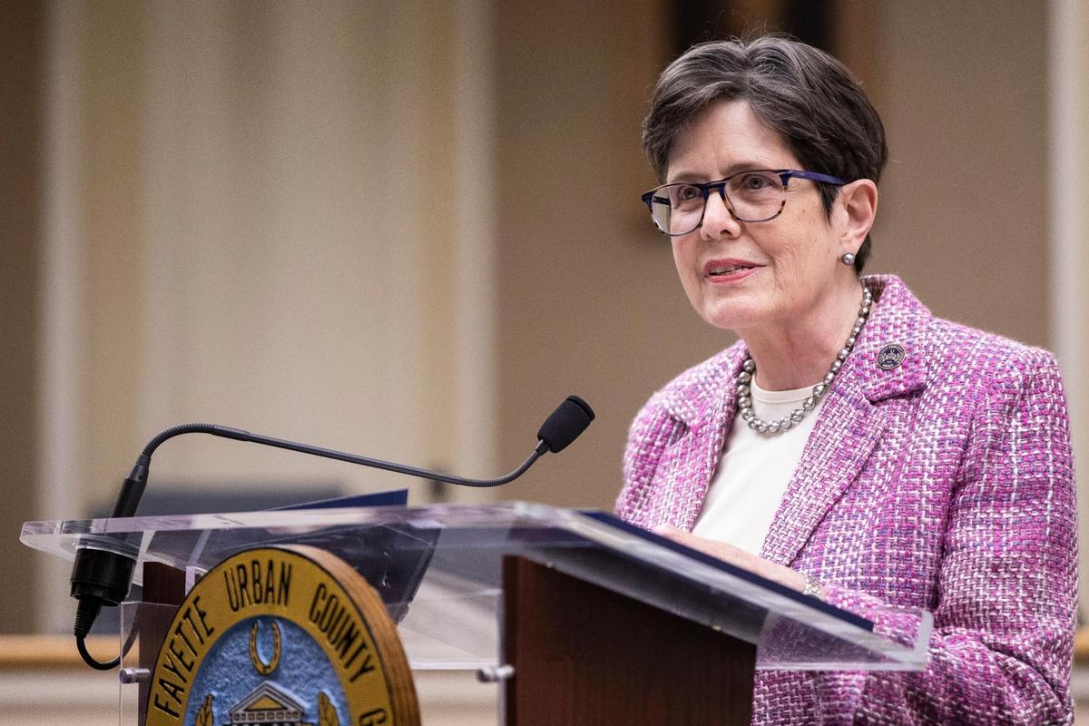Mayor Linda Gorton unveils her budget proposal for the fiscal year, beginning July 1 at Lexington city hall in Lexington, Ky., Tuesday, April 19, 2022. Gorton’s proposal included allocations for raises for government employees, translations services, affordable housing, youth violence prevention and intervention.