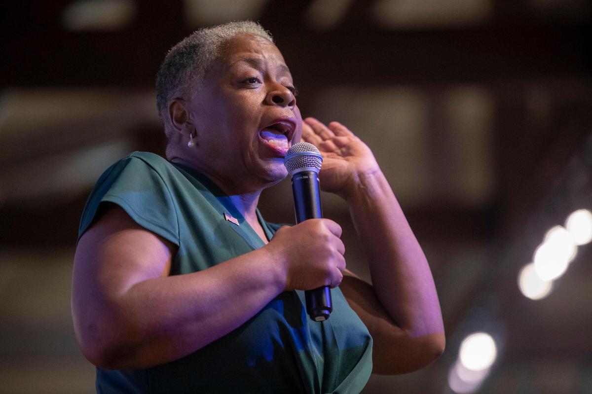 Kentucky Attorney General Democratic candidate Pam Stevenson speaks during the Mike Miller Memorial Marshall County Bean Dinner at the Kentucky Dam Village State Resort Park Convention Center in Gilbertsville, Ky., on Friday, Aug. 4, 2023.