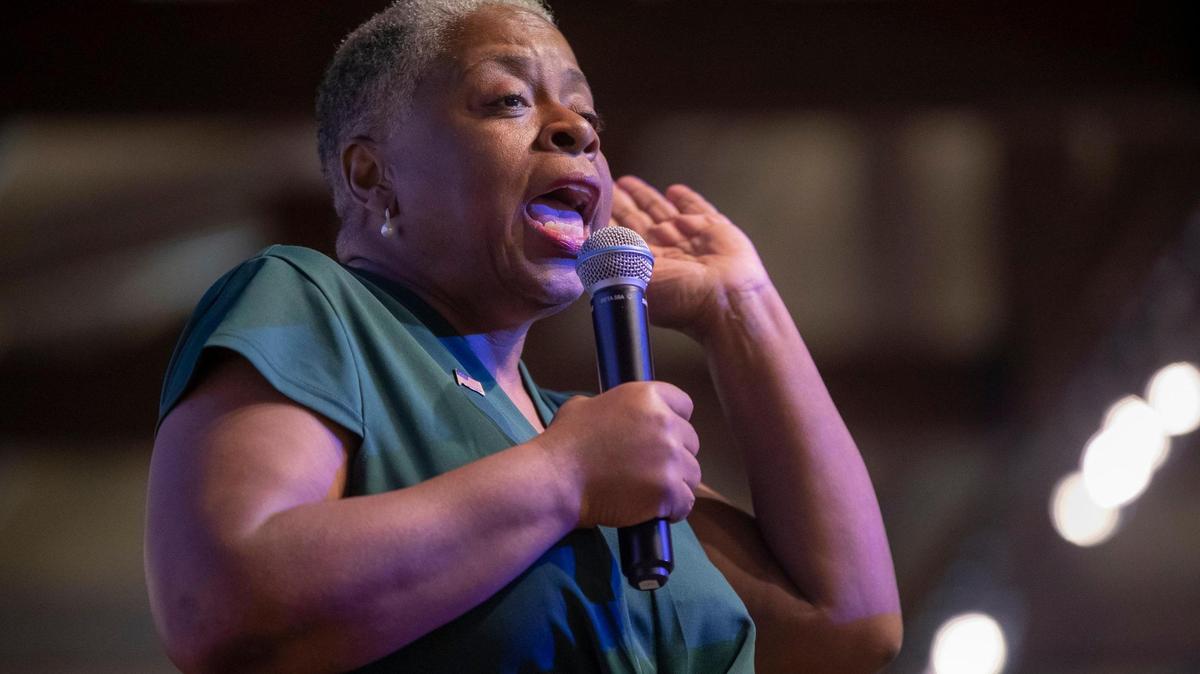 Former Kentucky Attorney General Democratic candidate Pam Stevenson spoke during the Mike Miller Memorial Marshall County Bean Dinner at the Kentucky Dam Village State Resort Park Convention Center in Gilbertsville, Ky., on Friday, Aug. 4, 2023.