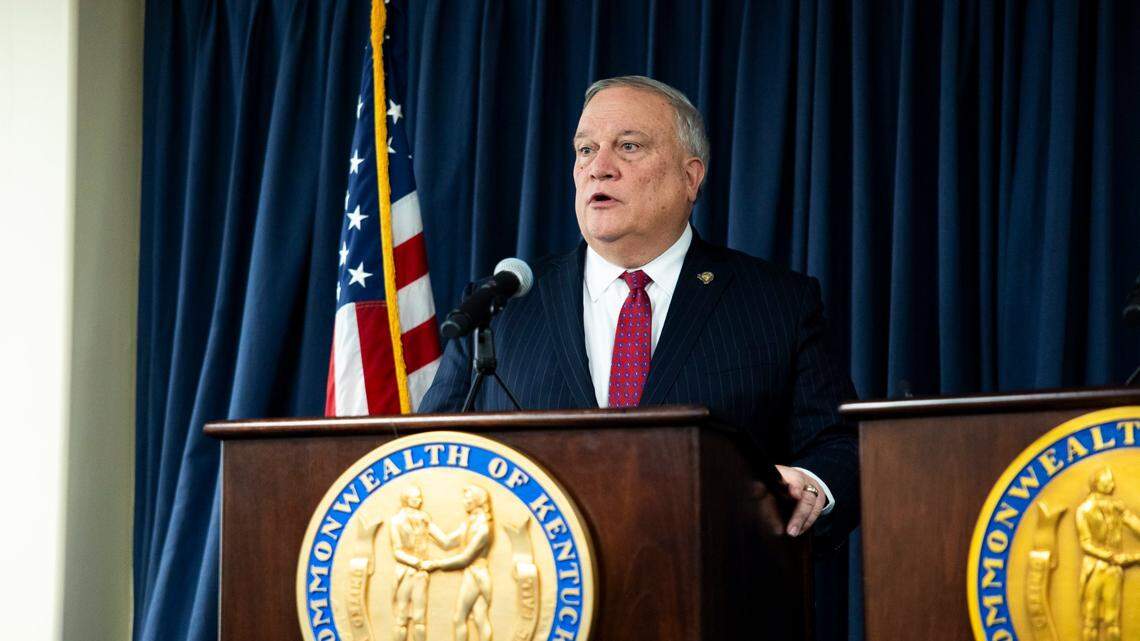 Speaker of the House, Rep. David W. Osborne and Senate President Sen. Robert Stivers speak during a press conference about the 2024 Regular Session priorities in Frankfort, Ky, Wednesday, January 3, 2023.