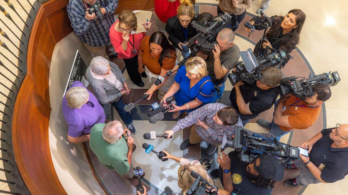 Family of Crystal Rogers speak to members of the media following the arraignment for Brooks Houck at the Nelson County Courthouse in Bardstown, Ky., on Thursday, Oct. 5, 2023. Houck has been charged in the murder of Crystal Rogers.