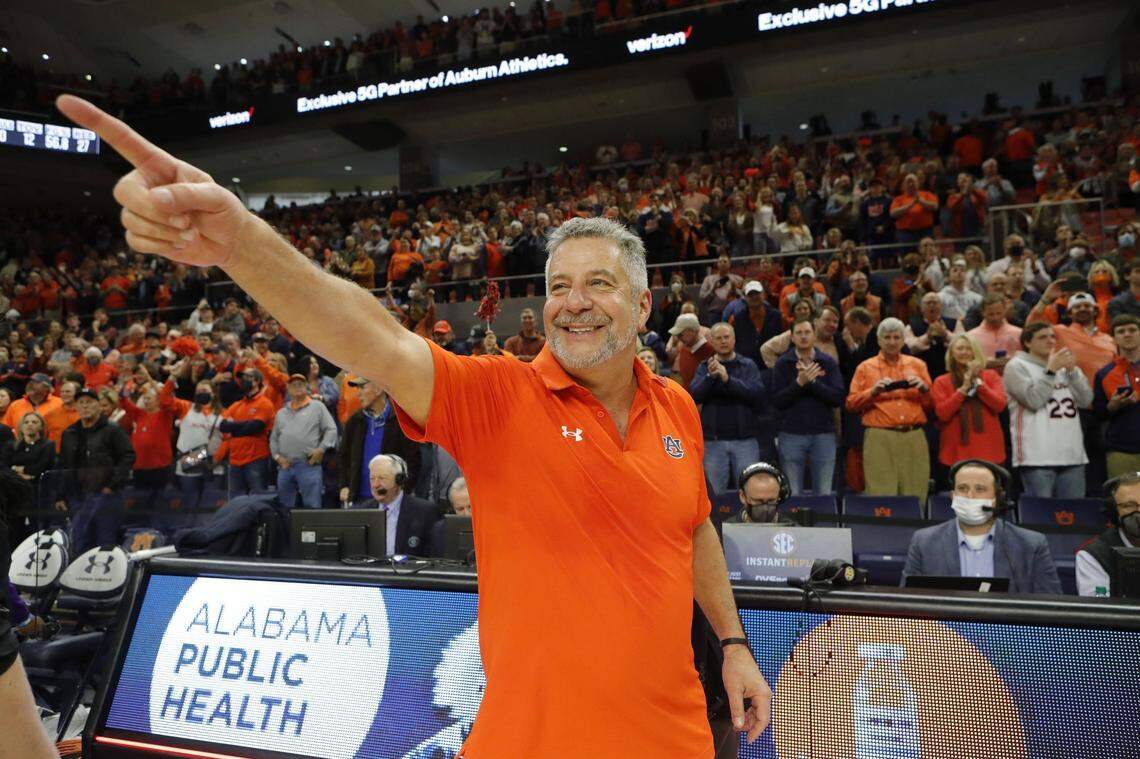 Jan 22, 2022; Auburn, Alabama, USA;  Auburn Tigers head coach Bruce Pearl points to the student section after the Tigers beat the Kentucky Wildcats at Auburn Arena. Mandatory Credit: John Reed-USA TODAY Sports