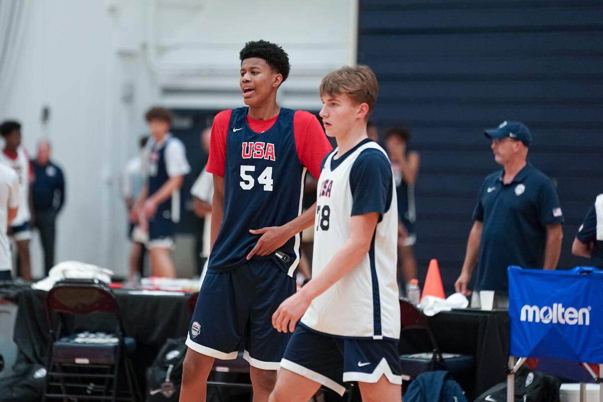 Class of 2026 college basketball recruit Baba Oladotun (54) calls out to other players during a USA Basketball junior national team minicamp in October 2024 in Colorado Springs, Colorado.