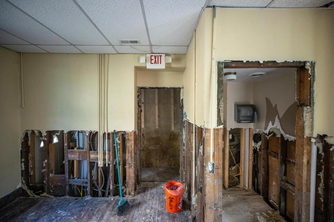 Drywall damaged by a flash flood was removed from the Appalachian Citizens Law Center in Whitesburg, Ky.