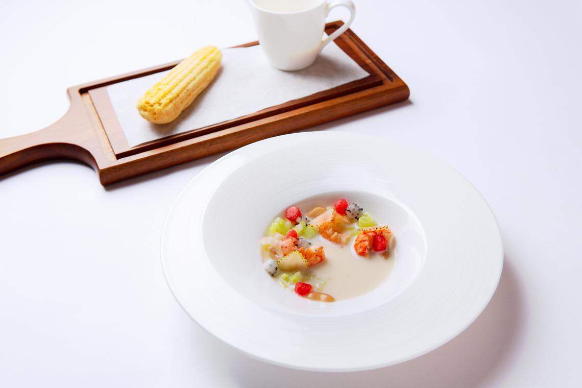 Kelsey’s first course: Buttermilk and cornbread, with a fruit and crawfish component. The judges were blown away by the subtle flavor and her story. She brought her grandmother’s cast-iron cornbread sticks pan to Macau in her suitcase.