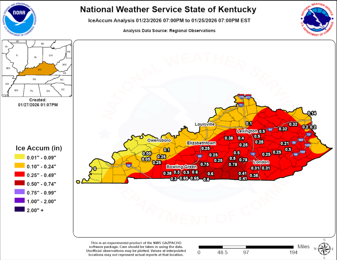 A screen capture of Kentucky ice accumulation totals from Winter Storm Fern, as reported by the National Weather Service.