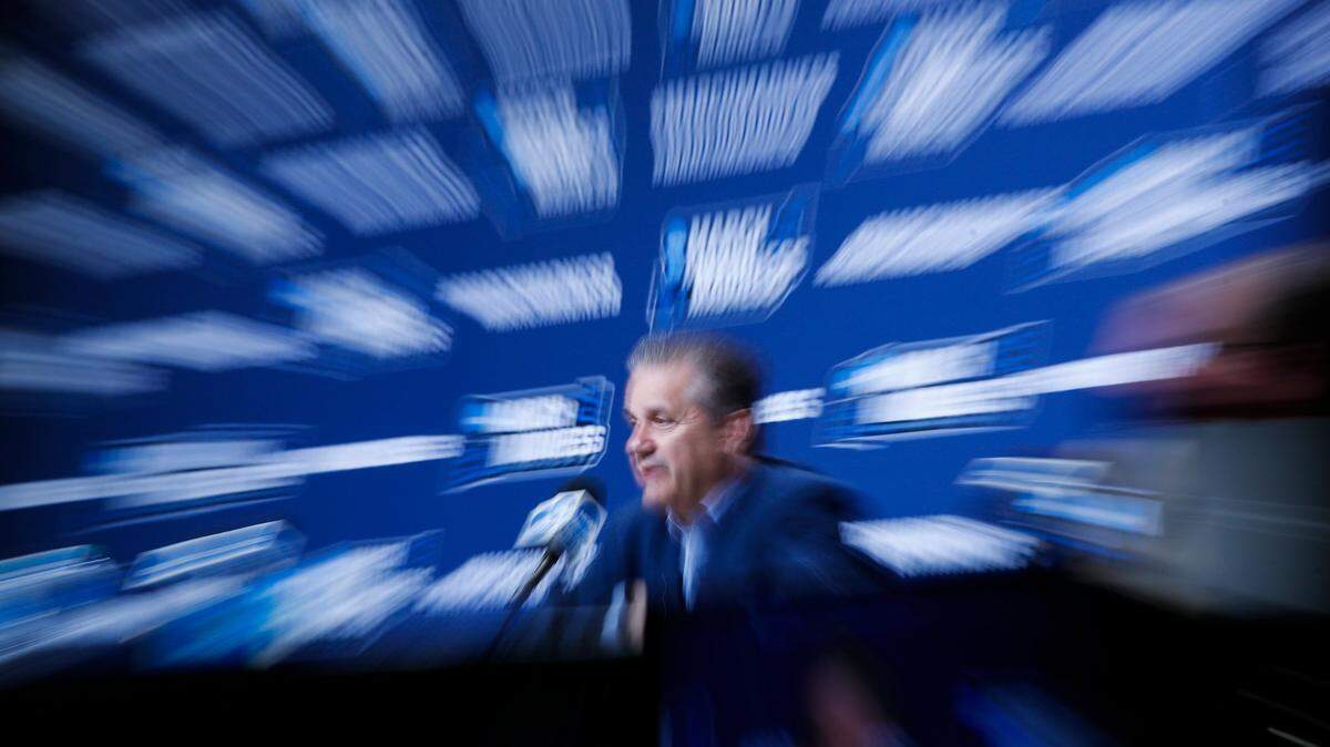 Kentucky head coach John Calipari speaks to reporters in a press conference following the overtime loss to the Saint Peter’s Peacocks on March 17, 2021.