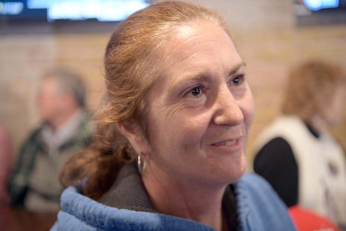 Jamie Miracle waits to greet Vice President Mike Pence and Kentucky Gov. Matt Bevin at Shep’s Place Restaurant and Bar Friday, Nov. 1, 2019, in Corbin, Ky.
