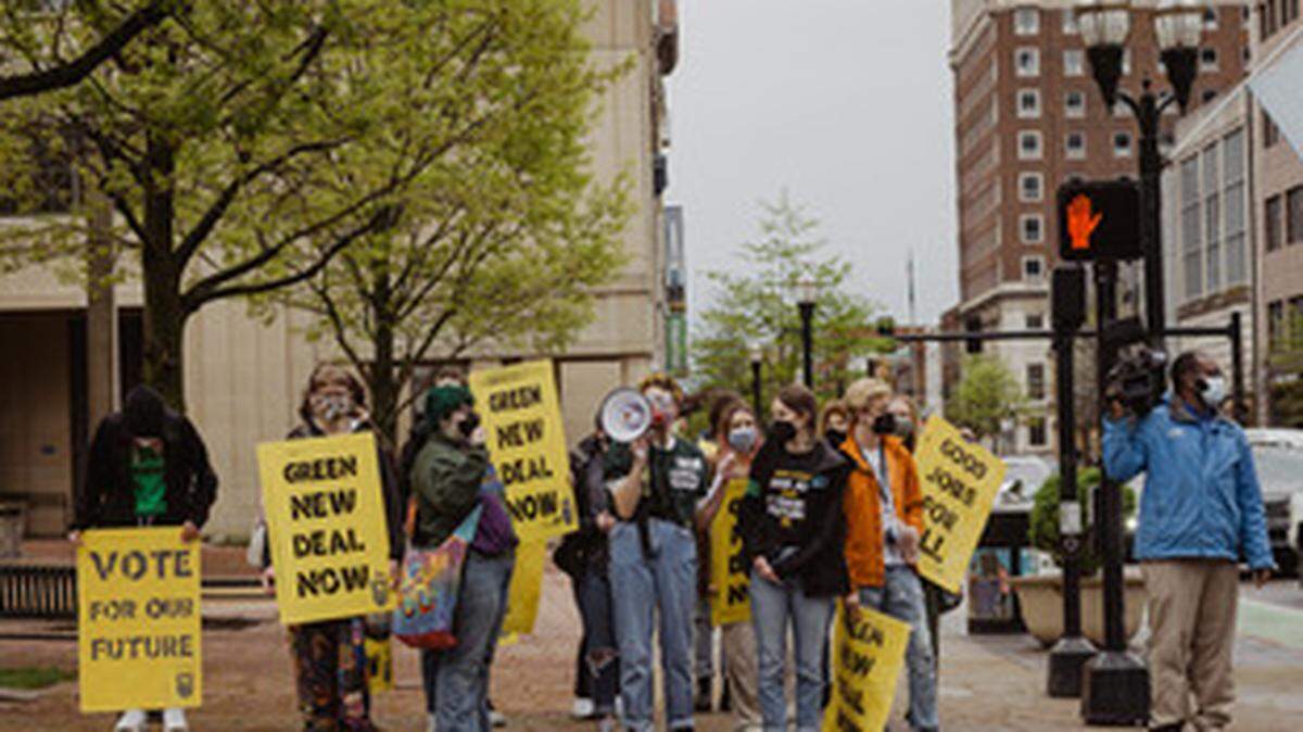 A group of Lexington high school students, part of the Sunrise Movement, advocated for the Green New Deal on April 14, 2021.