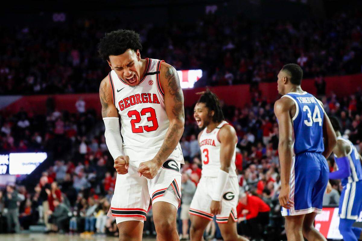 Georgia center Braelen Bridges (23) celebrates a forced turnover and score against Kentucky during Saturday’s game at Stegeman Coliseum in Athens, Ga.