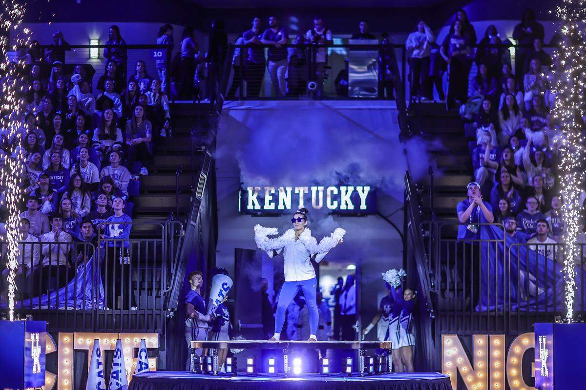 The Kentucky gymnastics team is introduced before its Excite Night meet against Auburn at Historic Memorial Coliseum in Lexington.