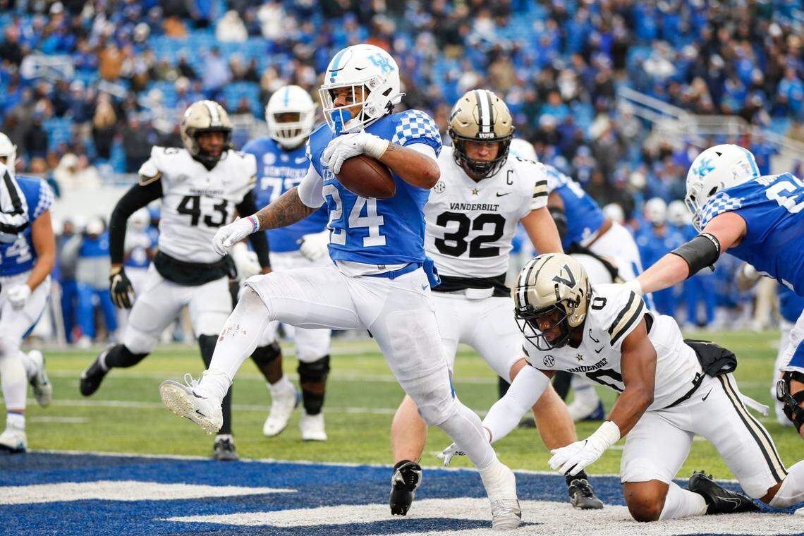 Kentucky running back Christopher Rodriguez (24) ran for 162 yards and two touchdowns in UK’s disappointing 24-21 home loss to Vanderbilt.