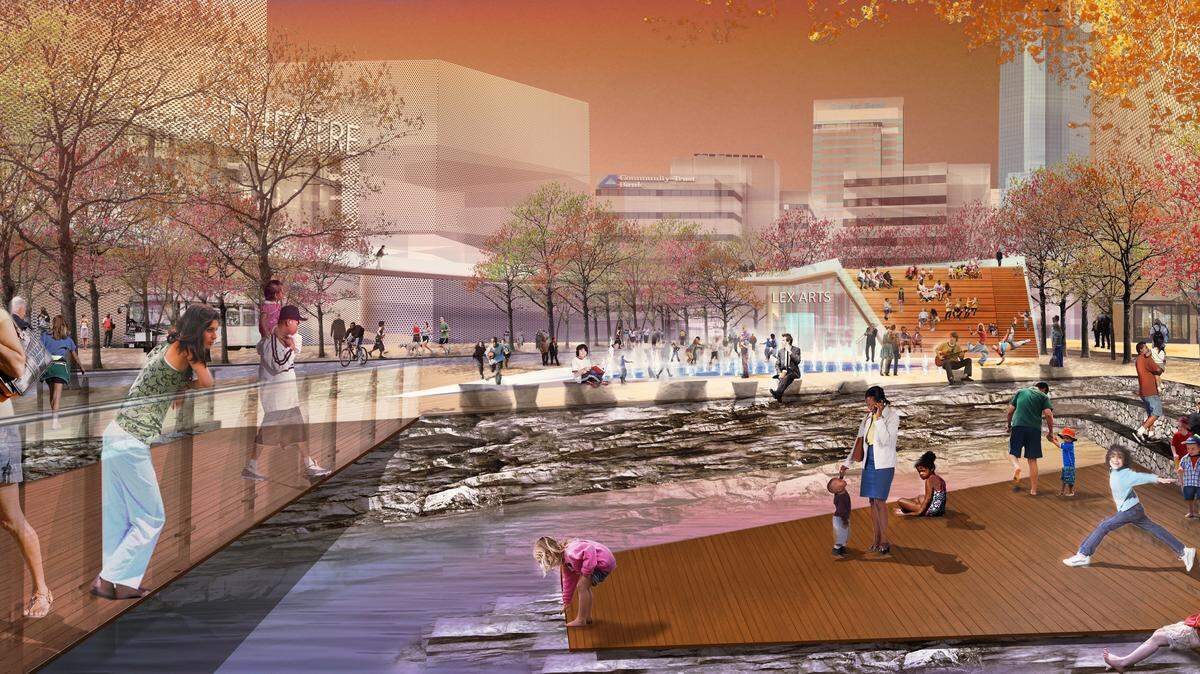 The linear Town Branch Commons project includes four sections. One of the proposed larger green spaces in the downtown linear park includes a park behind the Kentucky Theatre and the Urban County Government Center. That area is currently a series of asphalt parking lots.