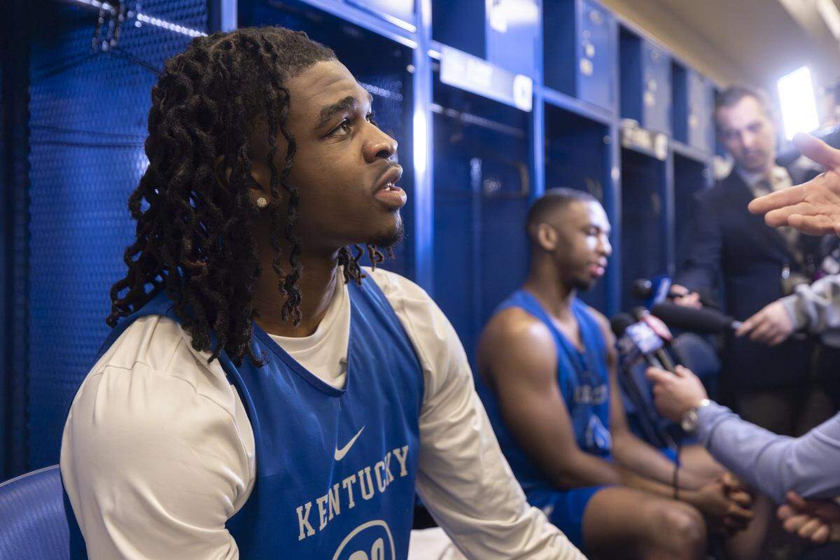 Kentucky guard Otega Oweh talks to reporters at Lucas Oil Stadium in Indianapolis, a day before Kentucky’s Sweet 16 game against Tennessee.