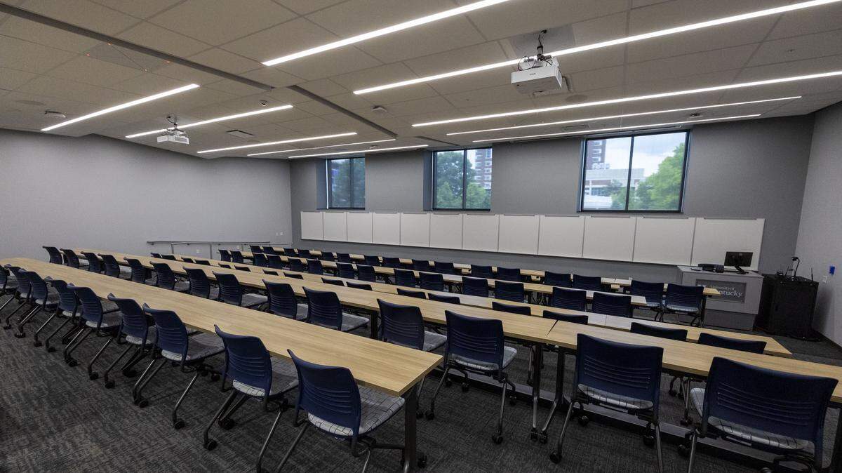 A large classroom inside the newly-built Martin-Gatton Agricultural Sciences Building, located on the University of Kentucky campus at the corner of Cooper Drive and Nicholasville Road. The $60 million building for the Martin-Gatton College of Agriculture, Food and Environment has 18 classrooms in the four-story, 66,000-square-foot facility. Photographed Wednesday, May 20, 2026, in Lexington, Ky.